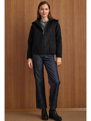 Olcay Siyah Kapüşonlu Beli Lastikli Oversize Kısa Kaban