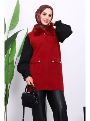 İmaj Butik Bordo Yaka Kürklü Cepli Triko Yelek
