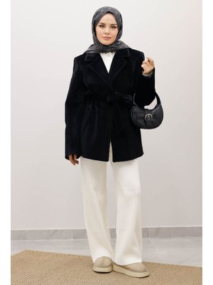 Tesettür Dünyası Siyah Cepli Fox Kaban