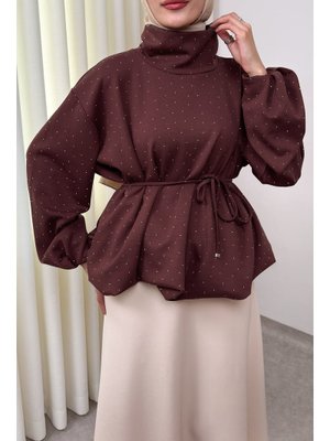Salih Çelebi Koyu Kahverengi Taş Detaylı Salaş Swit Bluz