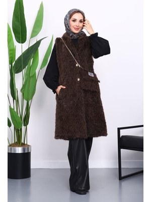 İmaj Butik Kahverengi Çanta Hadiyeli Angora Pelüş Kürk Yelek