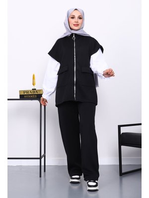 İmaj Butik Siyah Fermuarlı Cepli Yelek Pantolonlu Scuba Takım