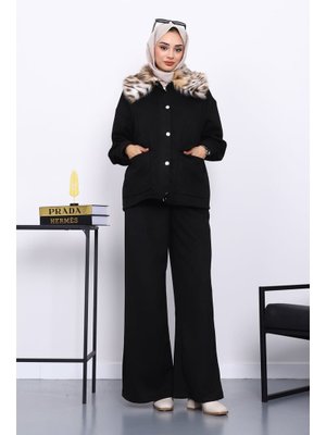 İmaj Butik Siyah Yaka Kürklü Süet Ceket Pantolonlu Takım