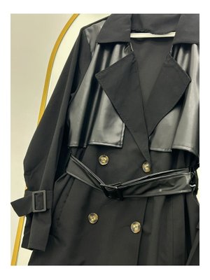 Volt Clothing Siyah Deri Detaylı Trençkot