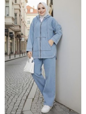 Harmatime butik Kapüşonlu Cepli Kot Mavi Tunik Pantolon Takım
