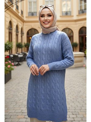 Neva Style Örgü Detaylı İndigo Mavisi Triko Kazak Tunik 8263ım