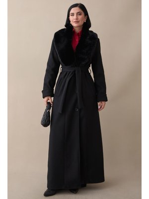 InStyle Yakası Kürklü Astarlı Kuşaklı Siyah Kaşe Kaban