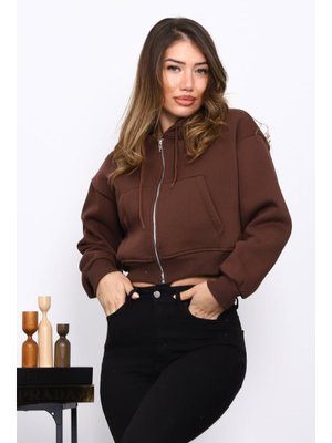 İmaj Butik Kahverengi Kısa Kanguru Cepli Fermuarlı Üç İplik Sweat Hırka