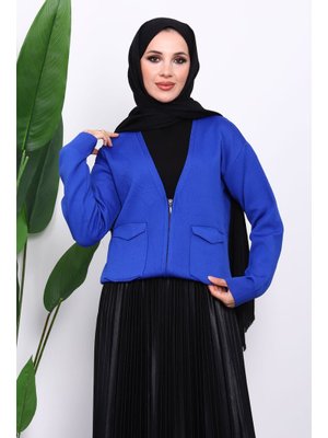 İmaj Butik Saks Mavi Çift Cepli Fermuarlı Triko Hırka