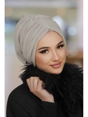AİŞE TESETTÜR Taş Rengi Kışlık Büzgülü Bone