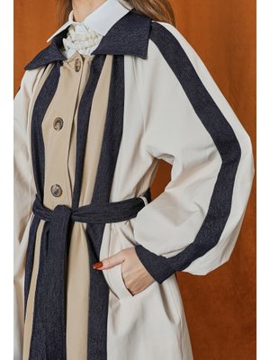 Podyumplus 15221trc Şerit Detaylı Balon Kol Trençkot