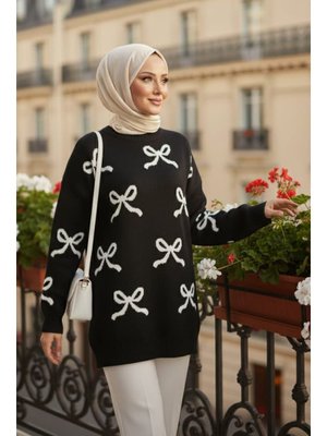 Neva Style Kurdele Desenli Siyah Triko Kazak Tunik 8754s