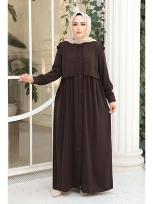 Neva Style Düğmeli Koyu Kahverengi Ferace 26441kkh