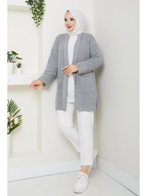 Pamuk Butik Kol Ağzı Katlamalı Cepli Midi Boy Hırka