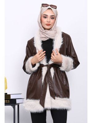 İmaj Butik Kahverengi Kürk Detaylı Kuşaklı Deri Trenç Ceket
