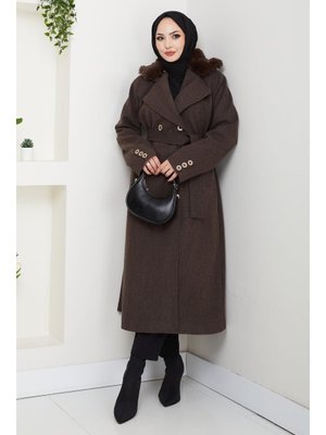 Pamuk Butik Kürk Detaylı Kruvaze Yaka Kuşaklı Kaşe Kaban