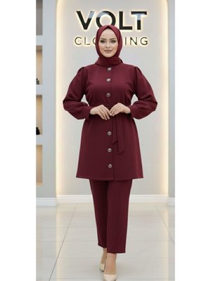 Volt Clothing Bordo Metal Düğmeli Scuba Pantolonlu İkili Takım