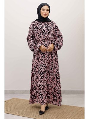 Tesettür Dünyası Pembe Beli Lastikli Yarasa Kol Viskon Elbise