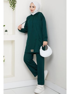Bestenur Zümrüt Yeşili Çift Cepli Kapüşonlu İkili Takım