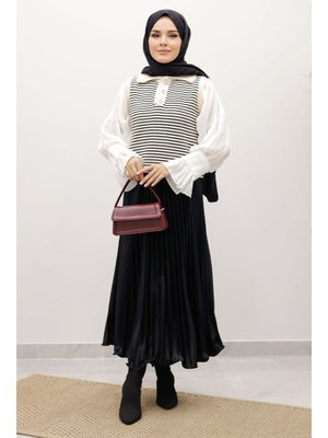 Tesettür Dünyası Bej Çizgili Triko Süveter