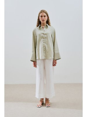 MANUKA Yeşil Keten Geniş Manşetli Gömlek