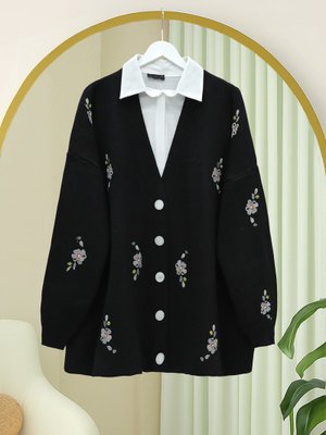 Podyumplus Siyah Çiçek Nakışlı Parlak Düğmeli Triko Hırka