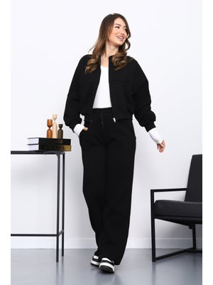 İmaj Butik Siyah Üç İplik Sweat Hırka Pantolonlu Takım