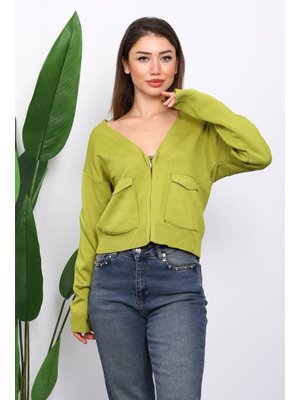 İmaj Butik Yağ Yeşili Çift Cepli Fermuarlı Triko Hırka