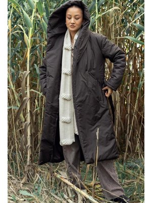 Olcay Kapüşonlu Çıt Kapamalı Elyaflı Uzun Mont Kahve