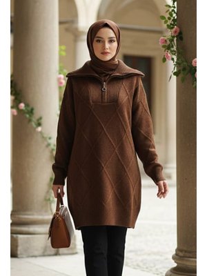 Neva Style Baklava Detaylı Kahverengi Triko Kazak Tunik 83961kh