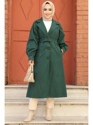 Neva Style Kemerli Zümrüt Yeşili Kaşe Kaban 61241zy