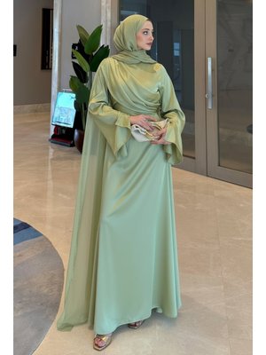 Salih Çelebi Mint Yeşili Pelerinli Saten Abiye Elbise