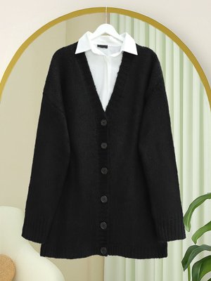 Podyumplus Siyah Önü Düğmeli Örme Triko Hırka