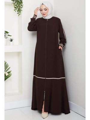 Hafsa Mina Acı Kahve Çizgi Detaylı Ferace
