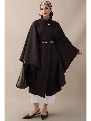 InStyle Kemerli Kaşe Acı Kahve Uzun Panço