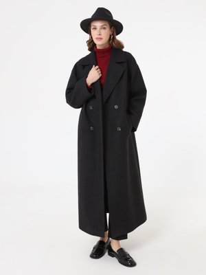 Refka Siyah Kruvaze Kapama Detaylı Düşük Omuzlu Uzun Basic Kaban