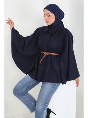 Tofisa Lacivert Lacıvert Tek Düğmeli Kemerli Kaşe Panço