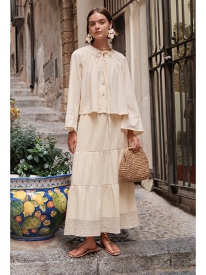 MANUKA Sarı Dokulu İşlemeli Katlı Uzun Etek