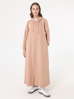 Benin Krem Kapüşon Detaylı Çıtçıtlı Spor Kap / Pardesü Koyu