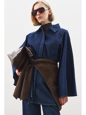 MANUKA Geniş Pelerin Kollu Denim Gömlek İndigo