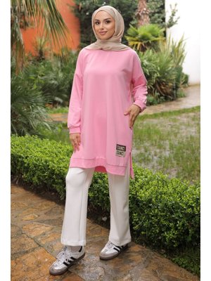 İmaj Butik Pembe Bisiklet Yaka Armalı Tunik