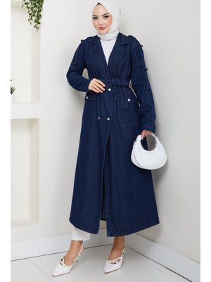 Harmatime butik Cepli Kuşaklı Denim Lacivert Trençkot