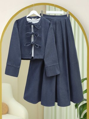 Podyumplus İndigo Önü Bağcıklı Etekli Kaşe Takım