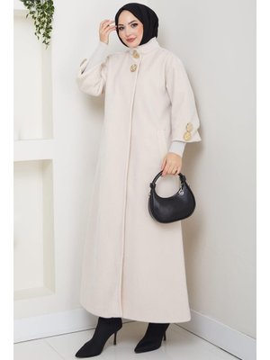 Hafsa Mina Krem Gold Düğmeli Tam Boy Kaban