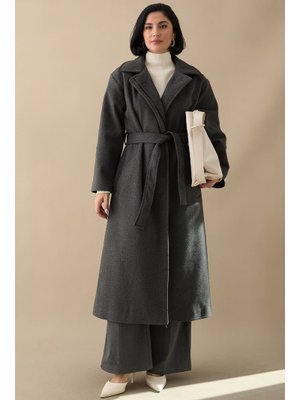 InStyle Astarlı Gizli Patlı Kuşaklı Antrasit Kaşe Kaban