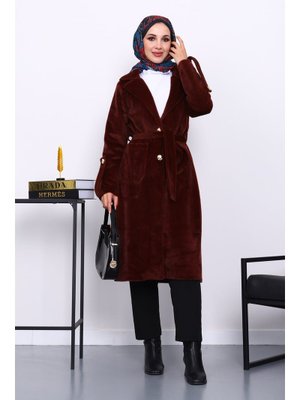 İmaj Butik Bordo Kruvaze Yaka Kol Apoletli Angora Kaban