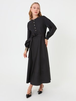 Refka Siyah Poplin Kumaşlı Düğme Ve Kuşak Detaylı Elbise