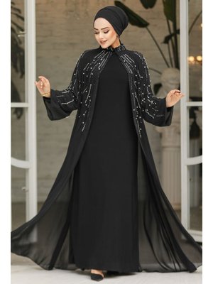 Neva Style Boncuk İşlemeli Siyah Abaya Takım 25903s