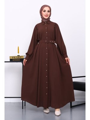 İmaj Butik Kahverengi Bel Kemerli Elbise