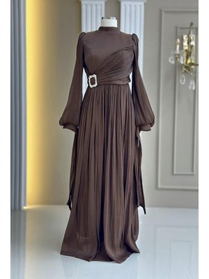 Amine Hüma Koyu Kahve Hira Abiye Elbise